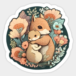 Mother and Baby Squirrel Embracing in Flowers Garden Sticker